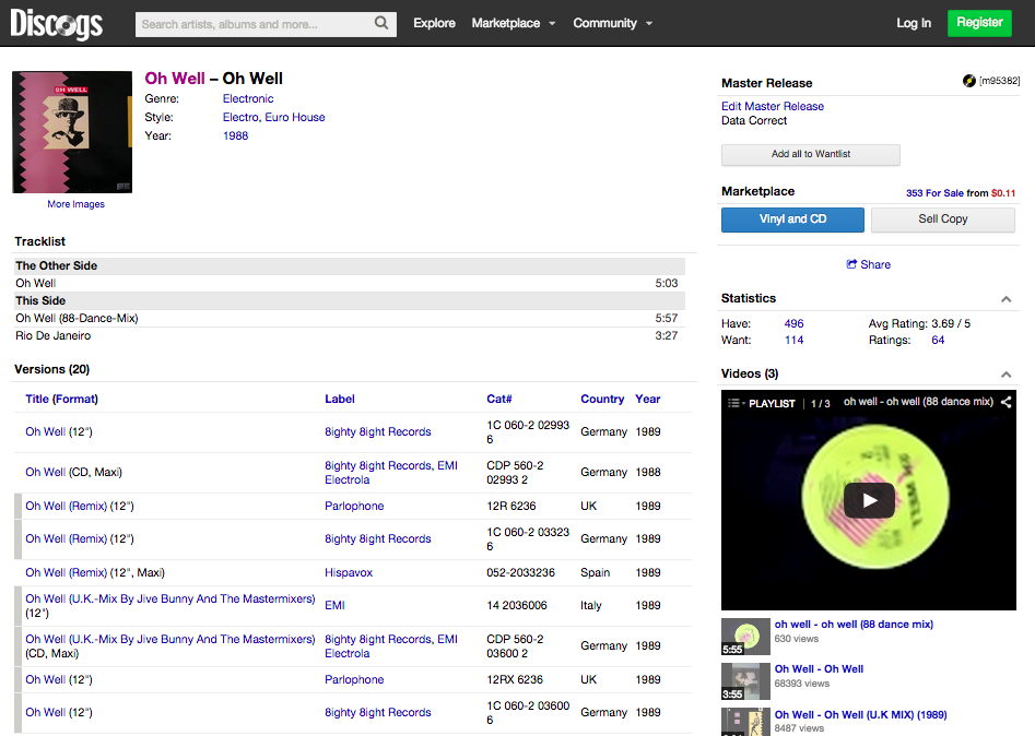 Discogs Single Release Page
